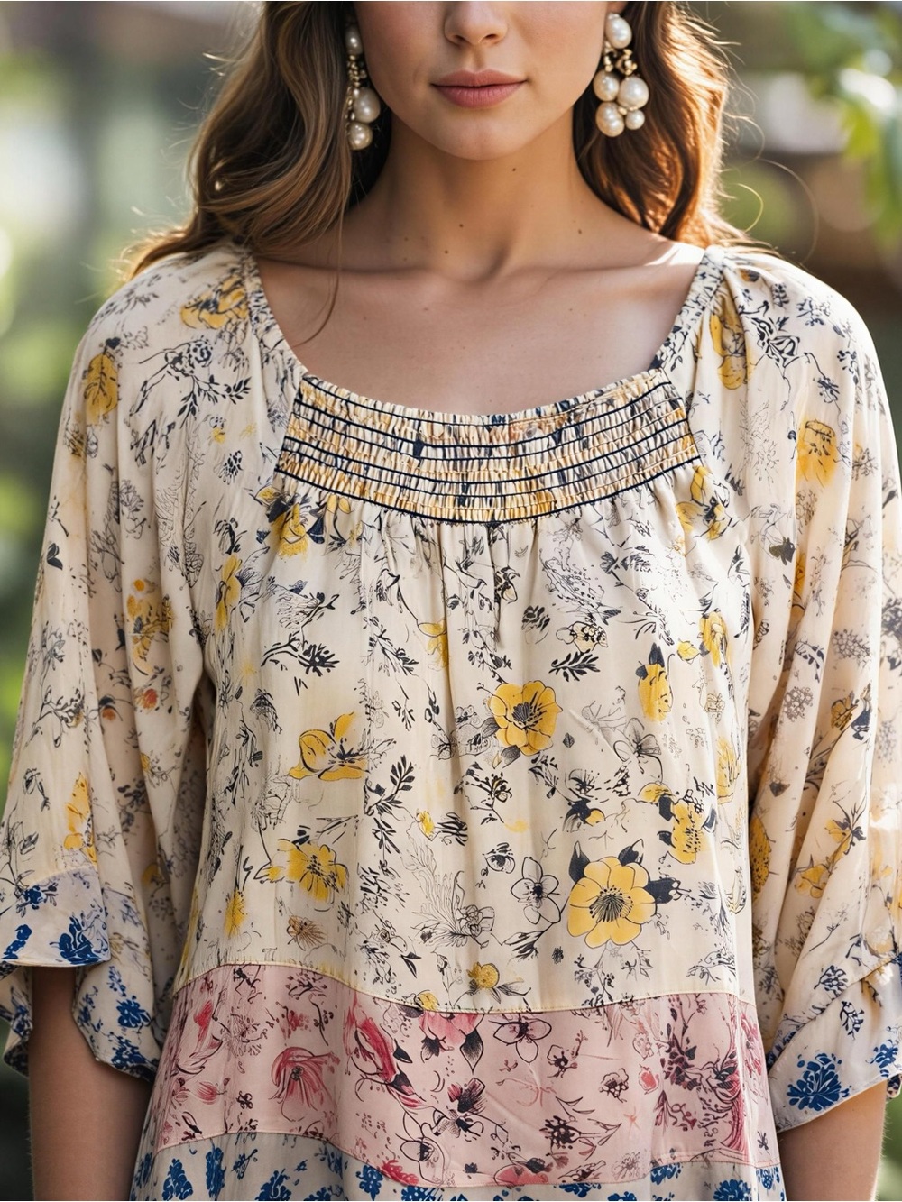 Democracy Floral Peasant Blouse - Smocked Boho Tunic Top Pastels NWT Size Medium - Picture 16 of 16